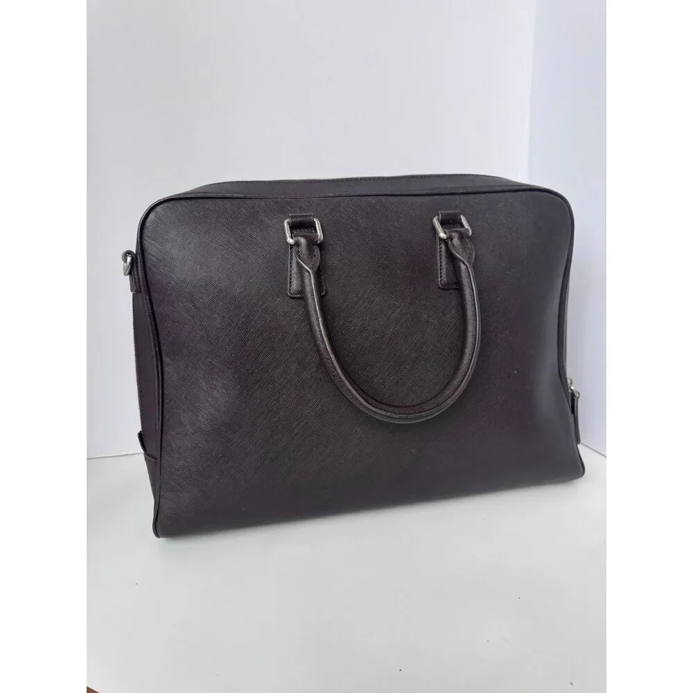 MCM BROWN Saffiano Leather Briefcase Laptop Bag 15” Work Travel Tote Unisex